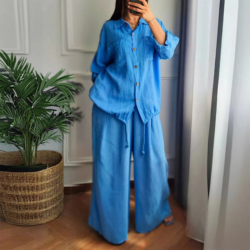 Top din bumbak a v cu tiv s cordon și pantaloni din bumbac și in