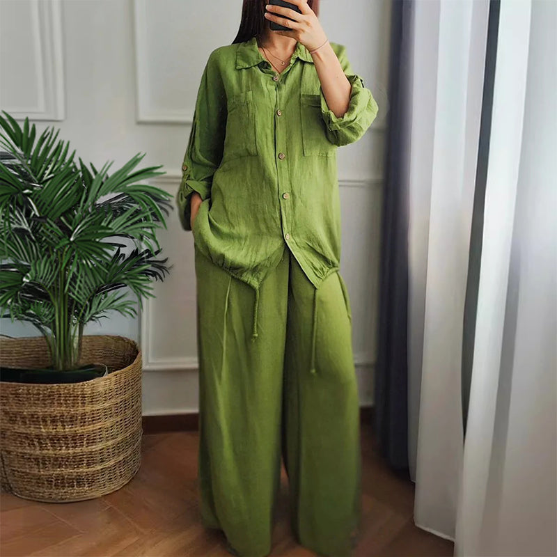 Top din bumbak a v cu tiv s cordon și pantaloni din bumbac și in