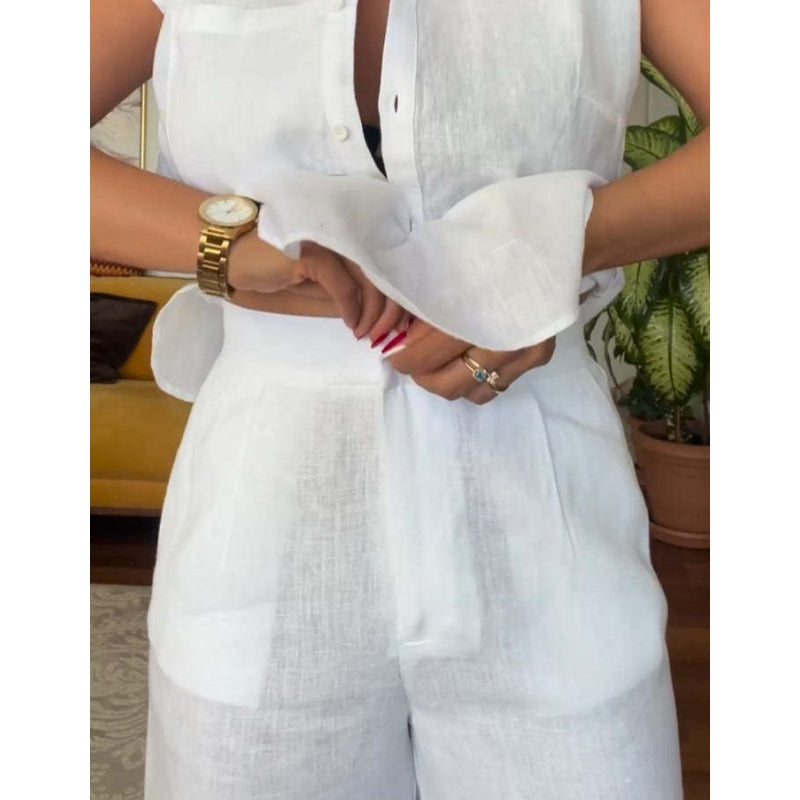 Κομψό σετ δύο τεμαχίων, κοντομάνικο λινό και βαμβακερό πουκάμισο και φαρδύ παντελόνι-LT