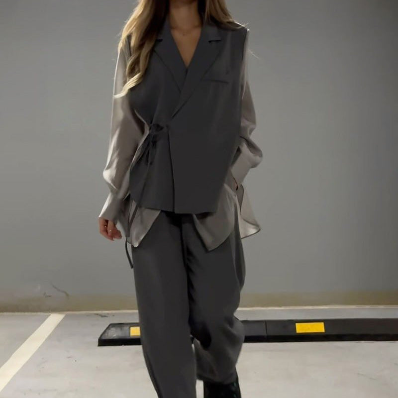 【✨Elegantiškas ir intelektualus】👗Mados kratinys netaisyklingi suvarstomi marškiniai ir kelnės dviejų dalių rinkinys-LT