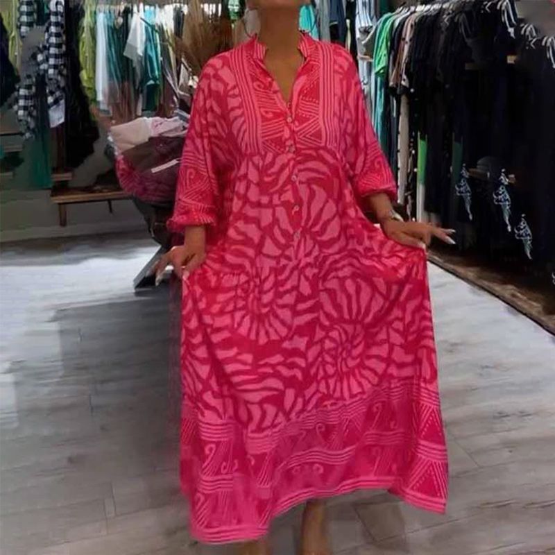 Γυναικείο φαρδύ φόρεμα με σχέδιο και λαιμόκοψη σε V-GR