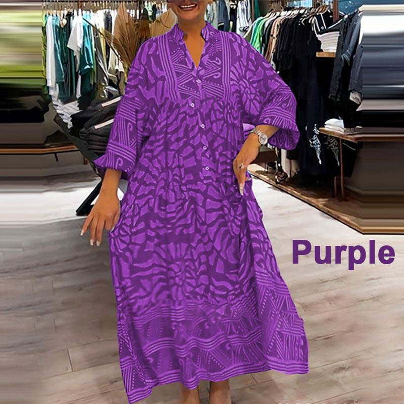 Moteriška laisva suknelė su raštu ir V formos iškirpte-LT