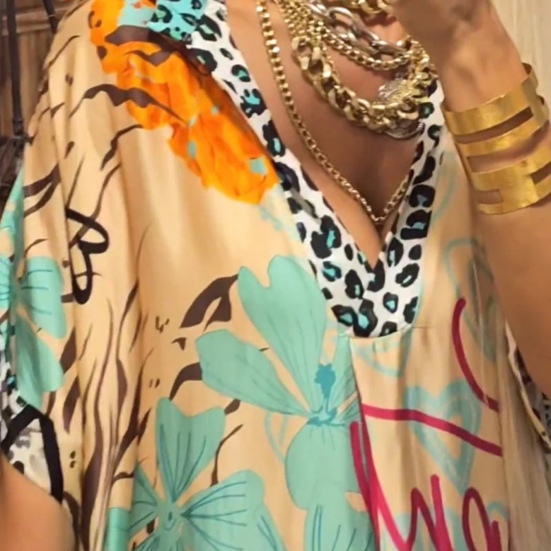 Φόρεμα με κοντό μανίκι και βαθύ ντεκολτέ V, τυπωμένο φόρεμα-EE