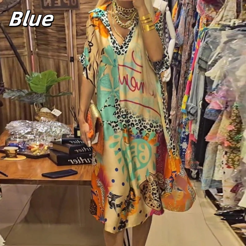 Γυναικείο φόρεμα με κοντό μανίκι και στάμπα με βαθύ V ντεκολτέ-SP