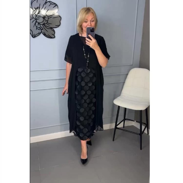 Moteriška elegantiška juoda suknelė su V formos iškirpte ir netaisyklingo švarko dviejų dalių komplektas-LT