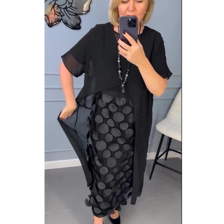 Moteriška elegantiška juoda suknelė su V formos iškirpte ir netaisyklingo švarko dviejų dalių komplektas-LT