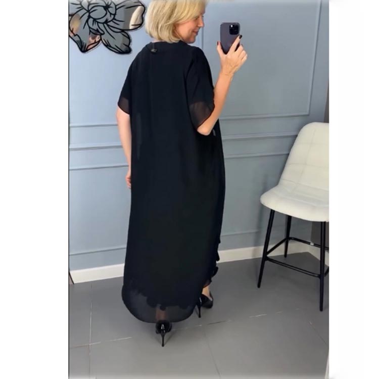 Γυναικείο κομψό μαύρο φόρεμα με λαιμόκοψη V και ακανόνιστο σακάκι, σετ δύο τεμαχίων-GR