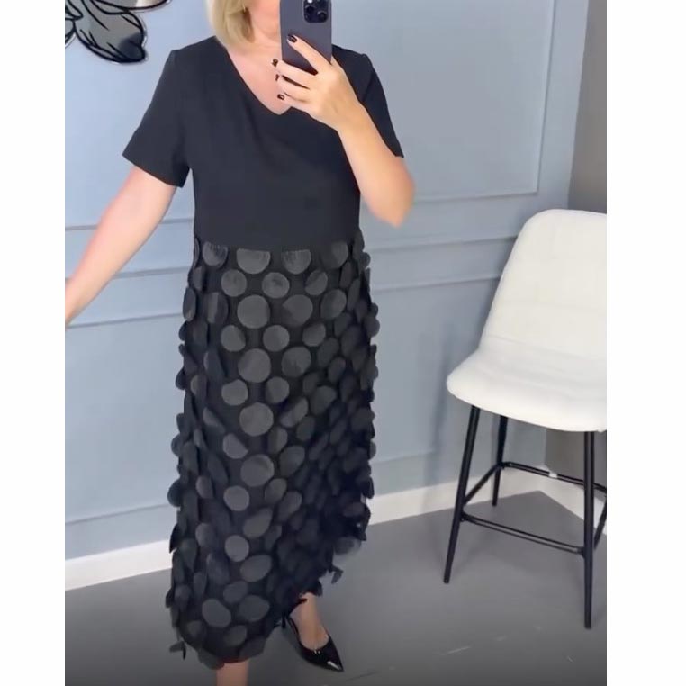 Moteriška elegantiška juoda suknelė su V formos iškirpte ir netaisyklingo švarko dviejų dalių komplektas-LT