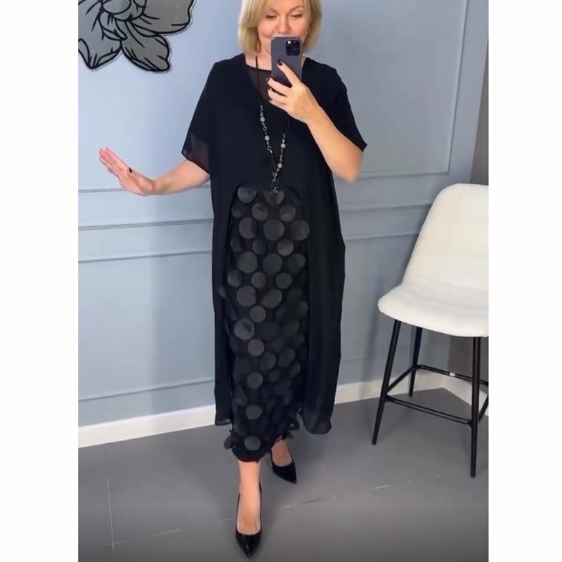 Moteriška elegantiška juoda suknelė su V formos iškirpte ir netaisyklingo švarko dviejų dalių komplektas-LT