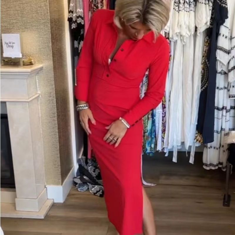 Červené dámske šaty seksuali ilgomis rankovėmis ir atlapais-LT