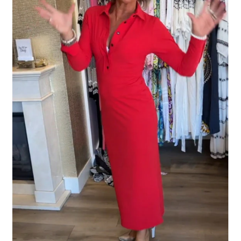 Červené dámske šaty seksuali ilgomis rankovėmis ir atlapais-LT