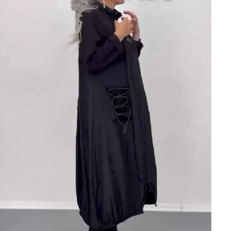 Suknelė ilgomis rankovėmis su V formos iškirpte ir raišteliu👗-LT