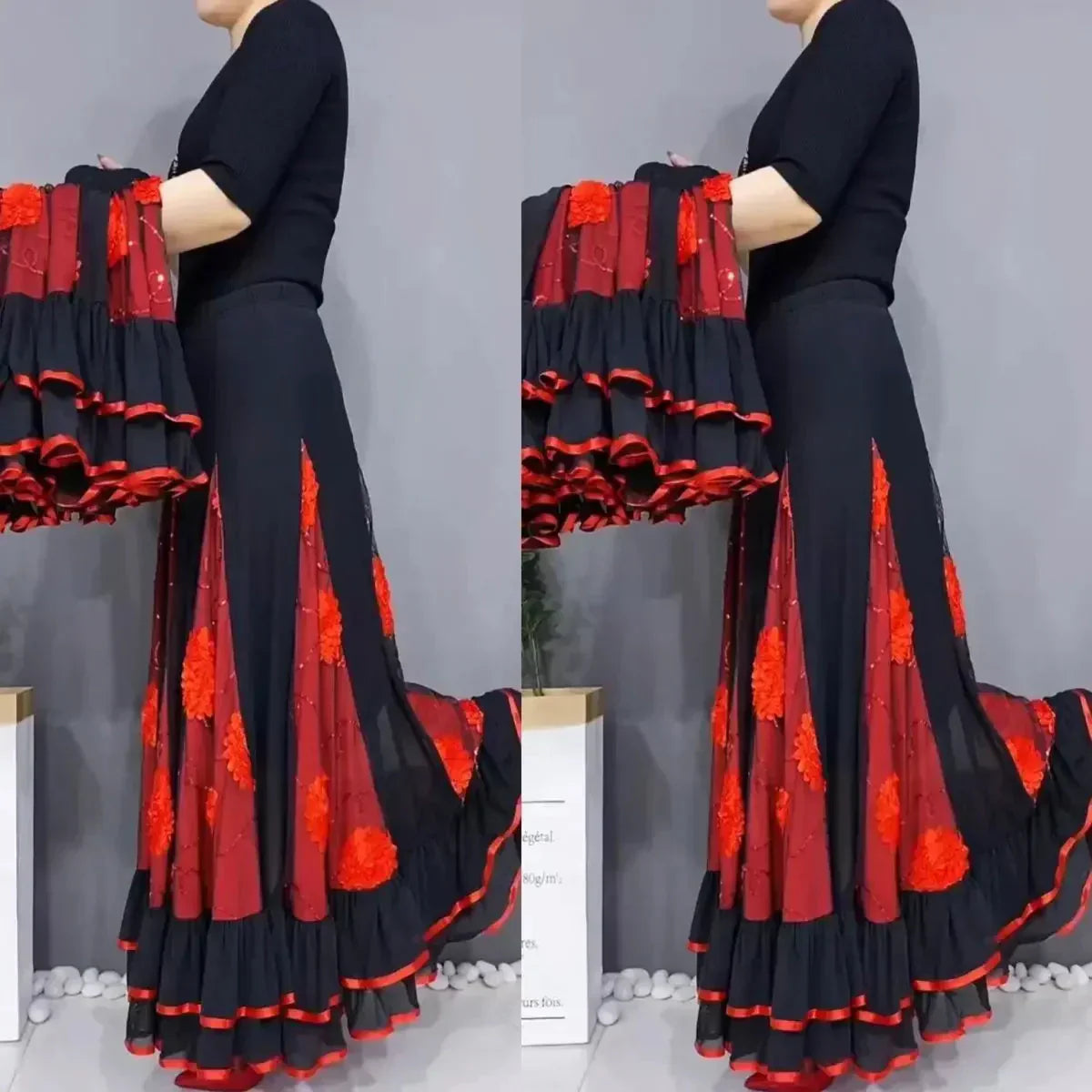 🌷🌹Νέα κεντημένη μακριά φούστα χορού με ψηλή μέση-LT 