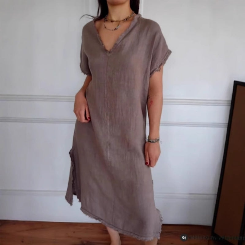 ✨Wiosenna nowość✨Sukienka z bawełny i lnu, casualowa, z dekoltem w serek i frędzlami