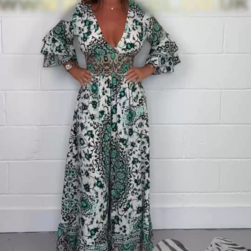 S-5XL🥰Γυναικεία ολόσωμη φόρμα με στάμπα και V λαιμόκοψη-GR