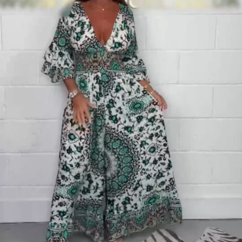 S-5XL🥰Γυναικεία ολόσωμη φόρμα με στάμπα και V λαιμόκοψη-GR