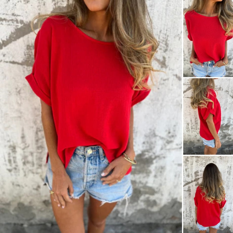 Vienspalvė palaidinė apvalia iškirpte trumpomis rankovėmis-LT