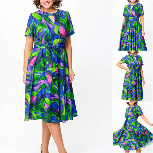 🌈Moteriška marginta trumpomis rankovėmis midi suknelė-LT