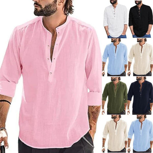 2025 m. vyriški laisvalaikio medvilniniai lininiai marškinėliai ilgomis rankovėmis-LT