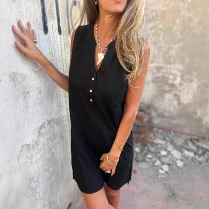 🔥Vienispalvė suknelė su gilia V iškirpte, pasiūta iš medvilnės ir lino-LT