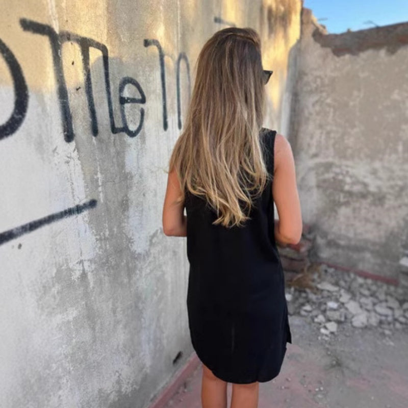 🔥Ένα μονόχρωμο φόρεμα με βαθύ V λαιμόκοψη, από βαμβάκι και λινό-GR