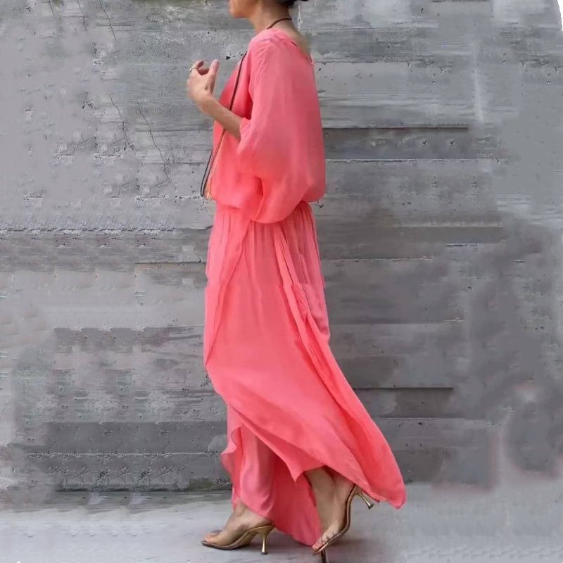 Laisvos viršaus ir plačios šifoninės kelnės, 2 dalių komplektas-LT