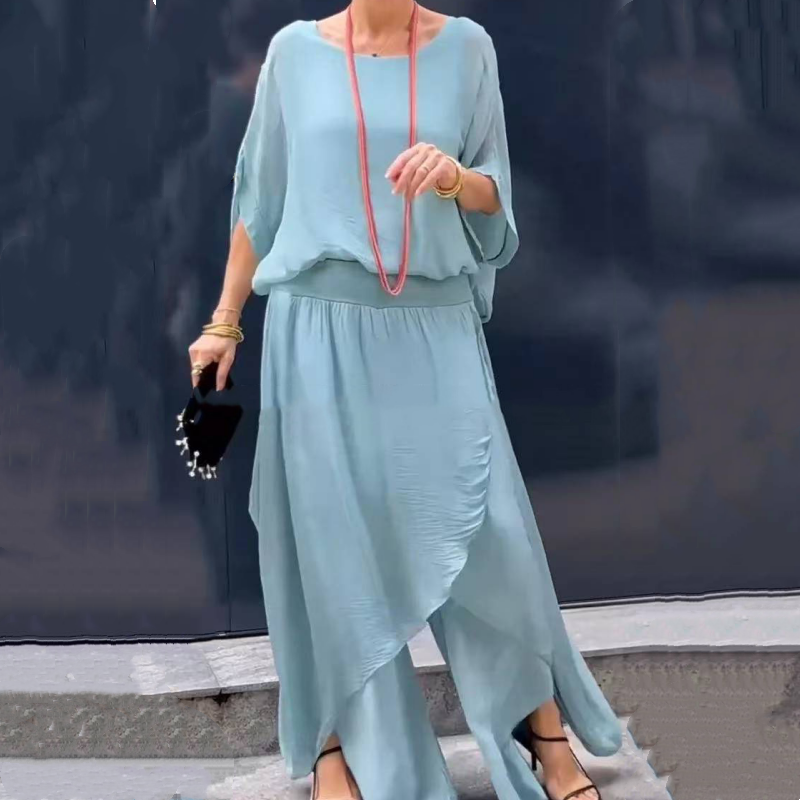 Laisvos viršaus ir plačios šifoninės kelnės, 2 dalių komplektas-LT