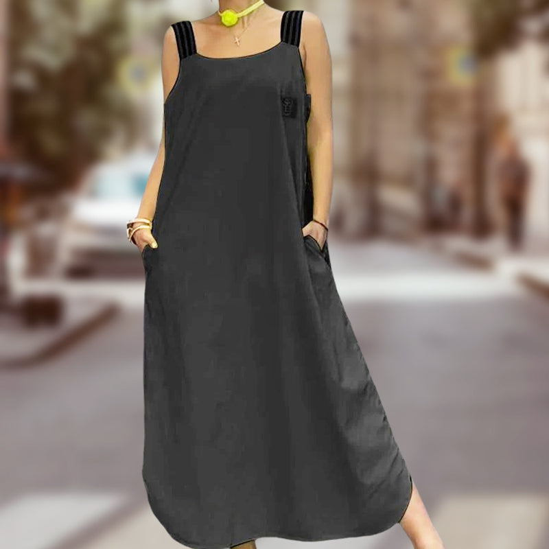 Plati maksi suknelė su dirželiais ir kišenėmis-LT