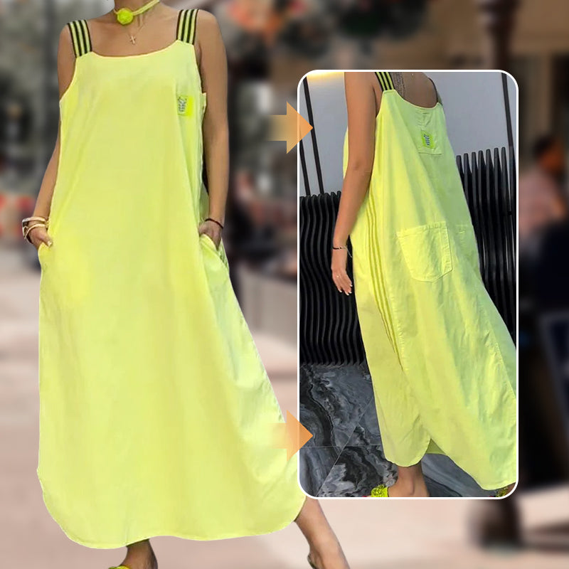 Plati maksi suknelė su dirželiais ir kišenėmis-LT