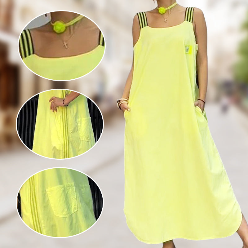 Plati maksi suknelė su dirželiais ir kišenėmis-LT