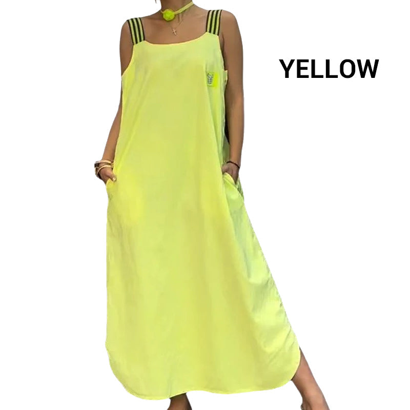 Plati maksi suknelė su dirželiais ir kišenėmis-LT