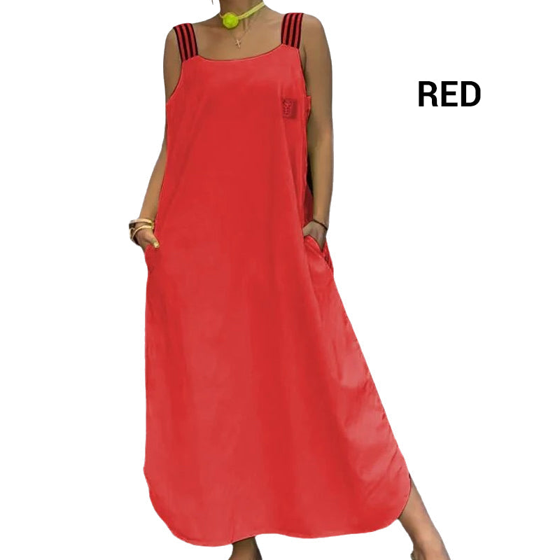 Plati maksi suknelė su dirželiais ir kišenėmis-LT