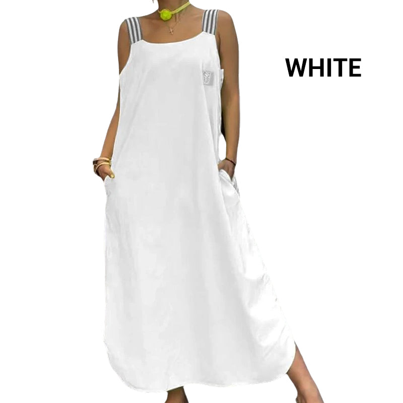 Plati maksi suknelė su dirželiais ir kišenėmis-LT