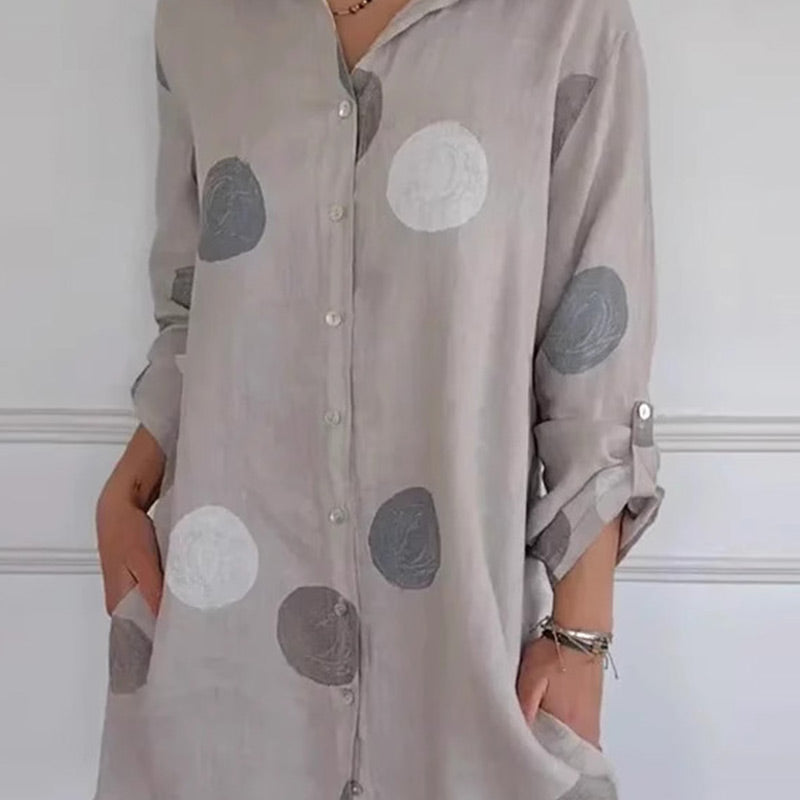 Košeľové šaty nadmernej veľkosti s vreckami a bodkovanou potlačou-SK