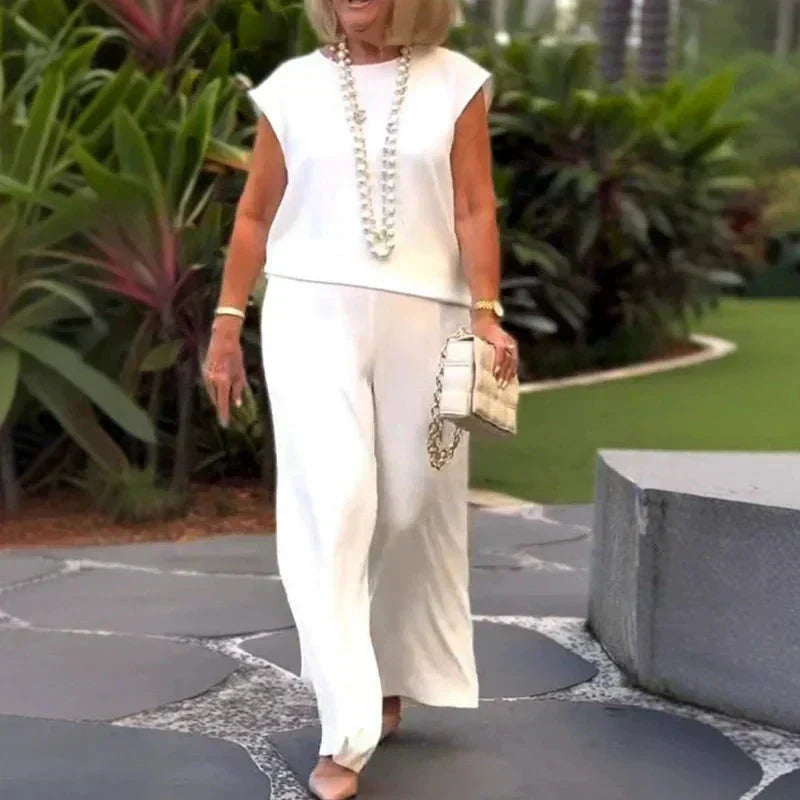 💖Γυναικείο αμάνικο πουκάμισο και βαμβακερό λινό παντελόνι-GR