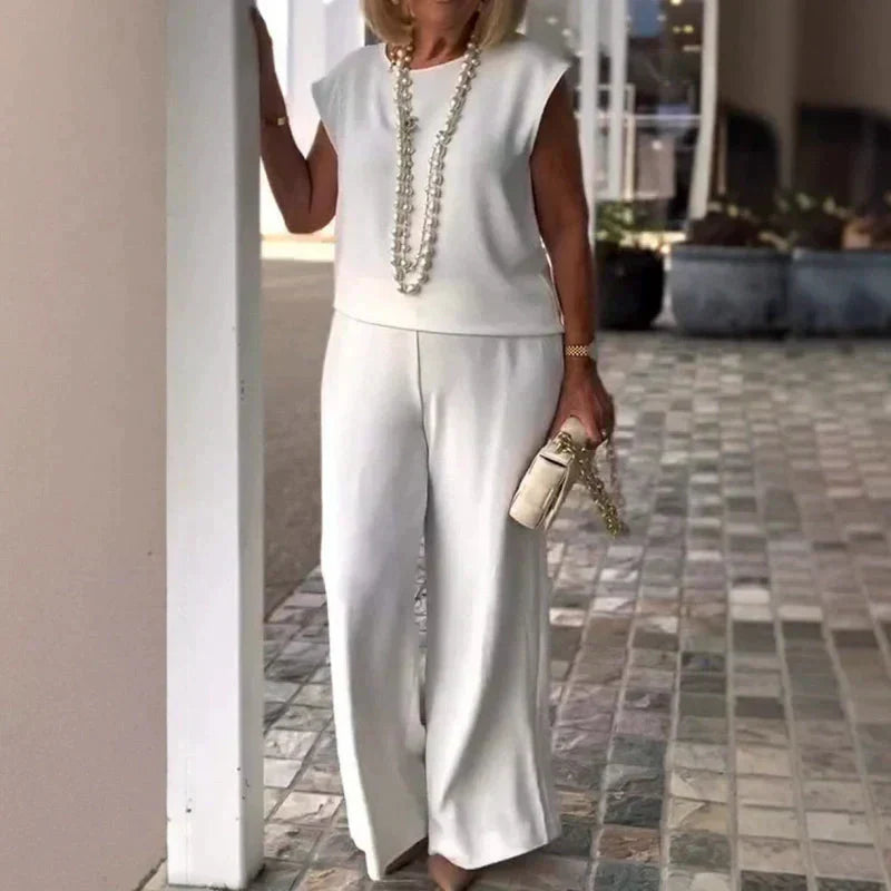 💖Γυναικείο αμάνικο πουκάμισο και βαμβακερό λινό παντελόνι-GR