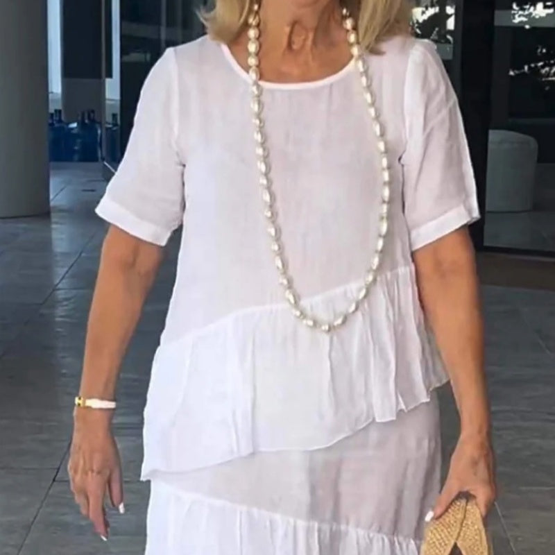 💖Γυναικείο πλισέ φόρεμα με στρογγυλή λαιμόκοψη-GR