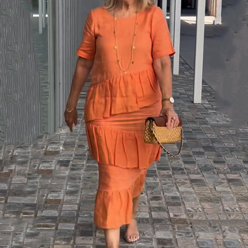 💖Γυναικείο πλισέ φόρεμα με στρογγυλή λαιμόκοψη-GR