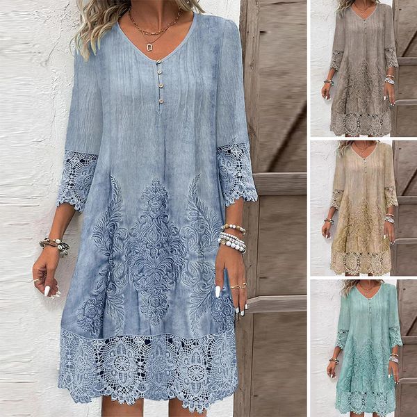 Elegantiška moteriška nėriniuota suknelė pusinėmis rankovėmis ir gilia iškirpte-LT