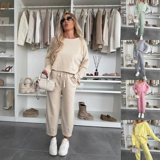 🌸Σετ 2 τεμαχίων από απλό τοπ με στρογγυλή λαιμόκοψη και φαρδύ παντελόνι - LT