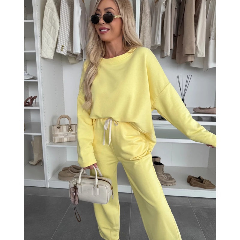 🌸Απλό τοπ με στρογγυλή λαιμόκοψη και φαρδύ παντελόνι σετ 2 τεμαχίων-GR