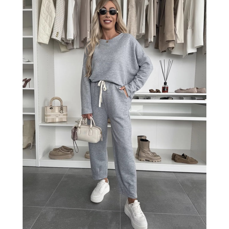 🌸Απλό τοπ με στρογγυλή λαιμόκοψη και φαρδύ παντελόνι σετ 2 τεμαχίων-GR