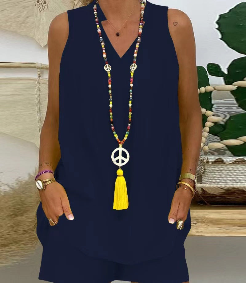 Elegantná dvojdielna súprava: krátky rukáv výstrih do V + šortky-SK