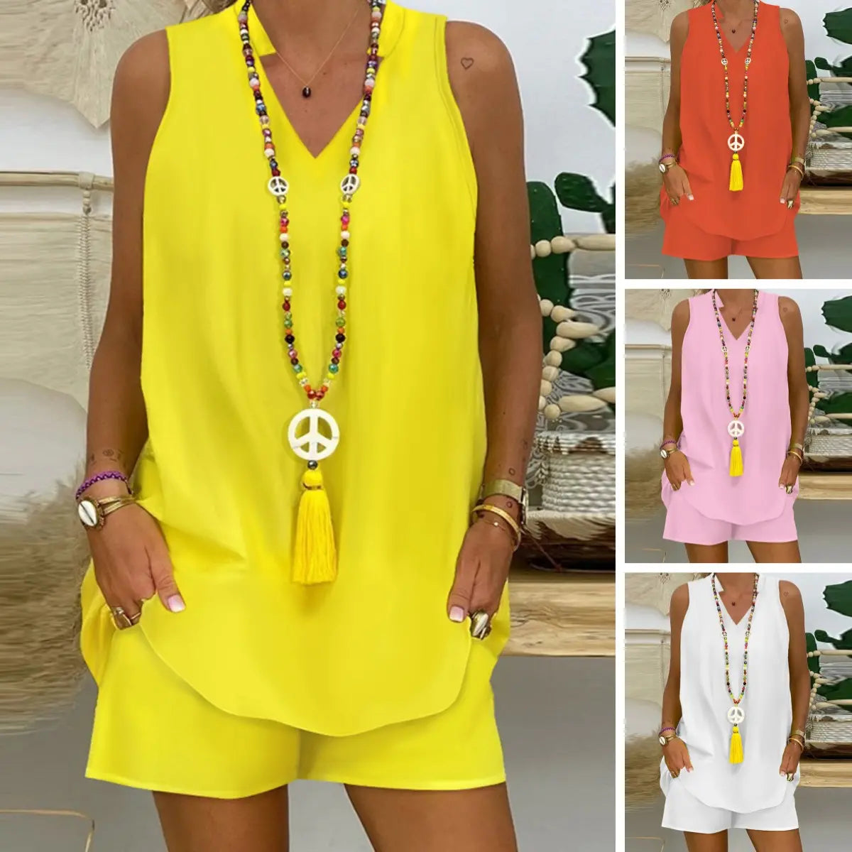 Elegantná dvojdielna súprava: krátky rukáv výstrih do V + šortky-SK