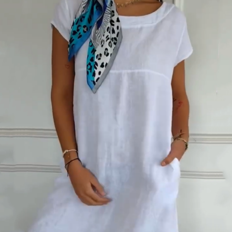 Nauja 2025 metais! 🔥Moteriška lininė suknelė apvalia iškirpte ir trumpomis rankovėmis-LT