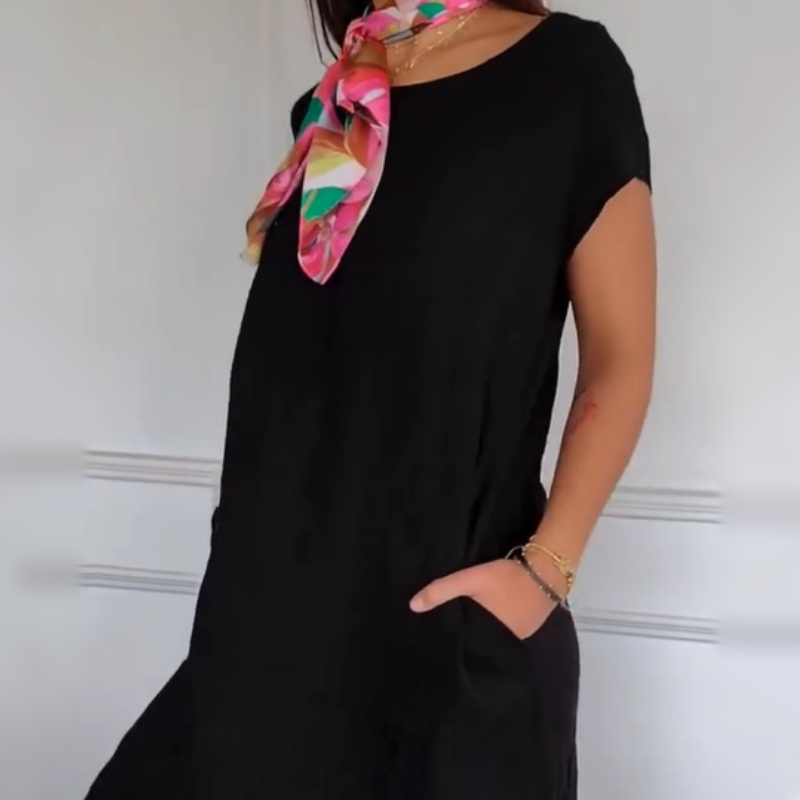 Nauja 2025 metais! 🔥Moteriška lininė suknelė apvalia iškirpte ir trumpomis rankovėmis-LT