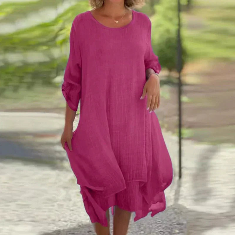 💕Dámske elegantné jednofarebné šaty voľného strihu s okrúhlym výstrihom-SK