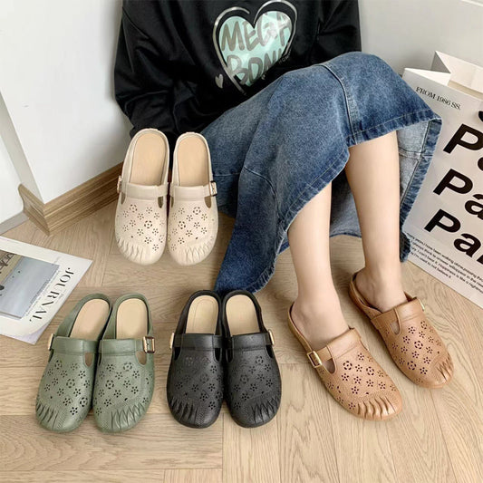 Γυναικείες Παντόφλες με Χαμηλό Τακούνι και Στρογγυλή Κεφαλή, Κοίλα Σκαλιστά Λουλούδια-GR