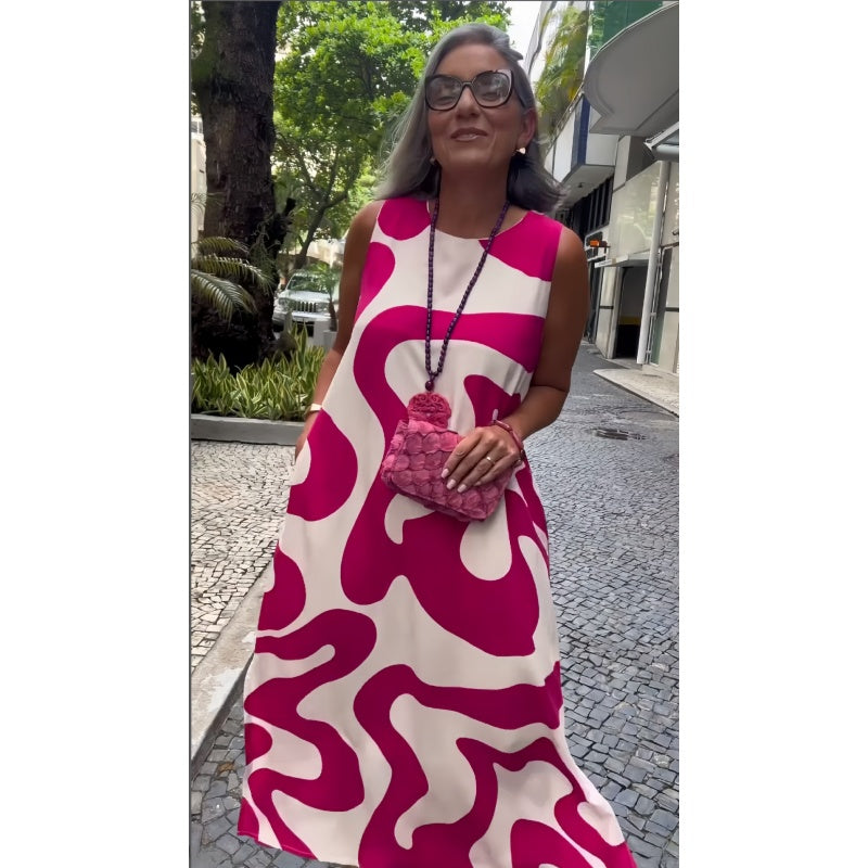 Laisvalaikio madingos suknelės be rankovių, margintos apvaliu kaklu-LT