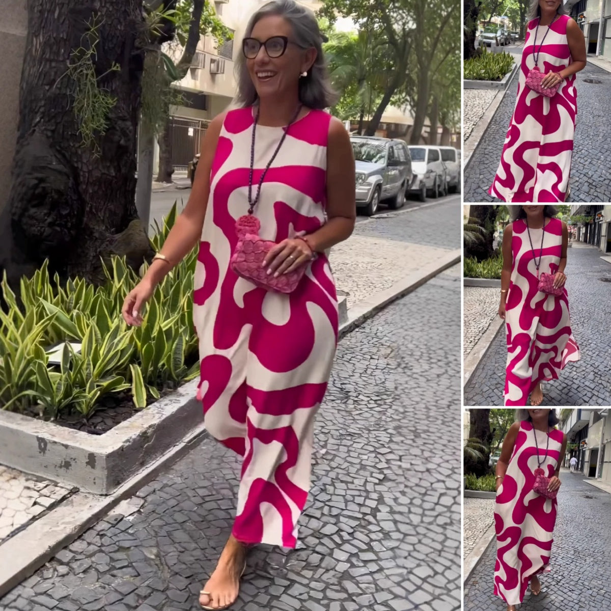 Laisvalaikio madingos suknelės be rankovių, margintos apvaliu kaklu-LT